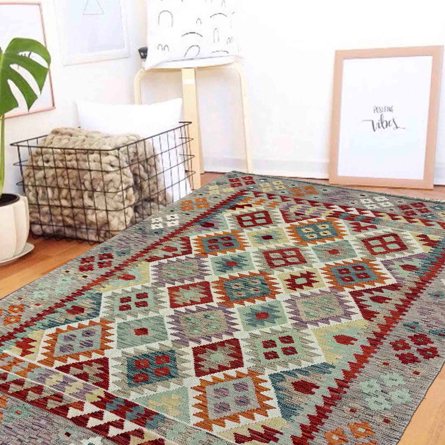 Handmade Afghan Vegetable Kilim – 153 x 203 cm | SKU: G39790