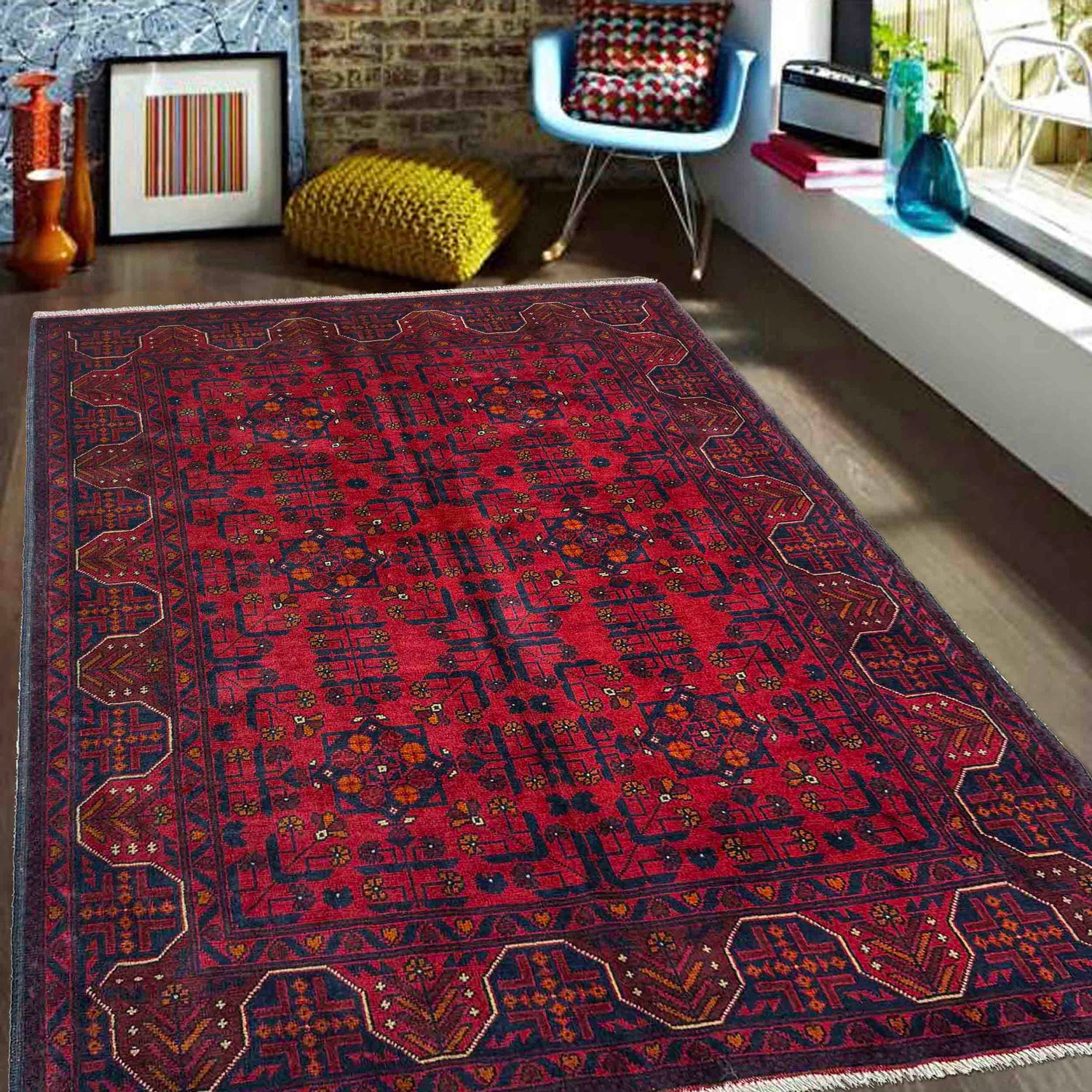 Hand-Knotted Red Geometric Khal Mohammadi Area Rug – 4' 11" x 6' 5" ft (150 x 195 cm) | SKU: G39807