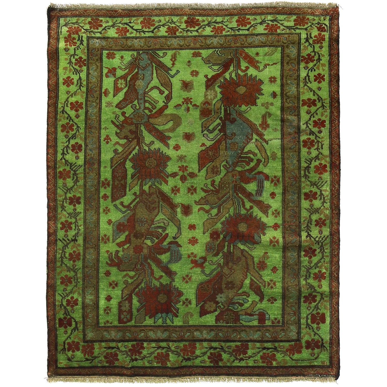 Overdyed Area Rug Handmade Green Geometric 4x6 ft