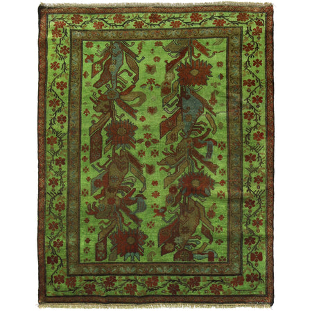Overdyed Area Rug Handmade Green Geometric 4x6 ft