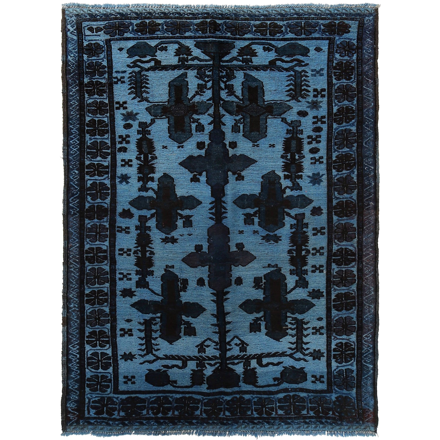 Overdyed Area Rug Handmade Blue Geometric 4x6 ft