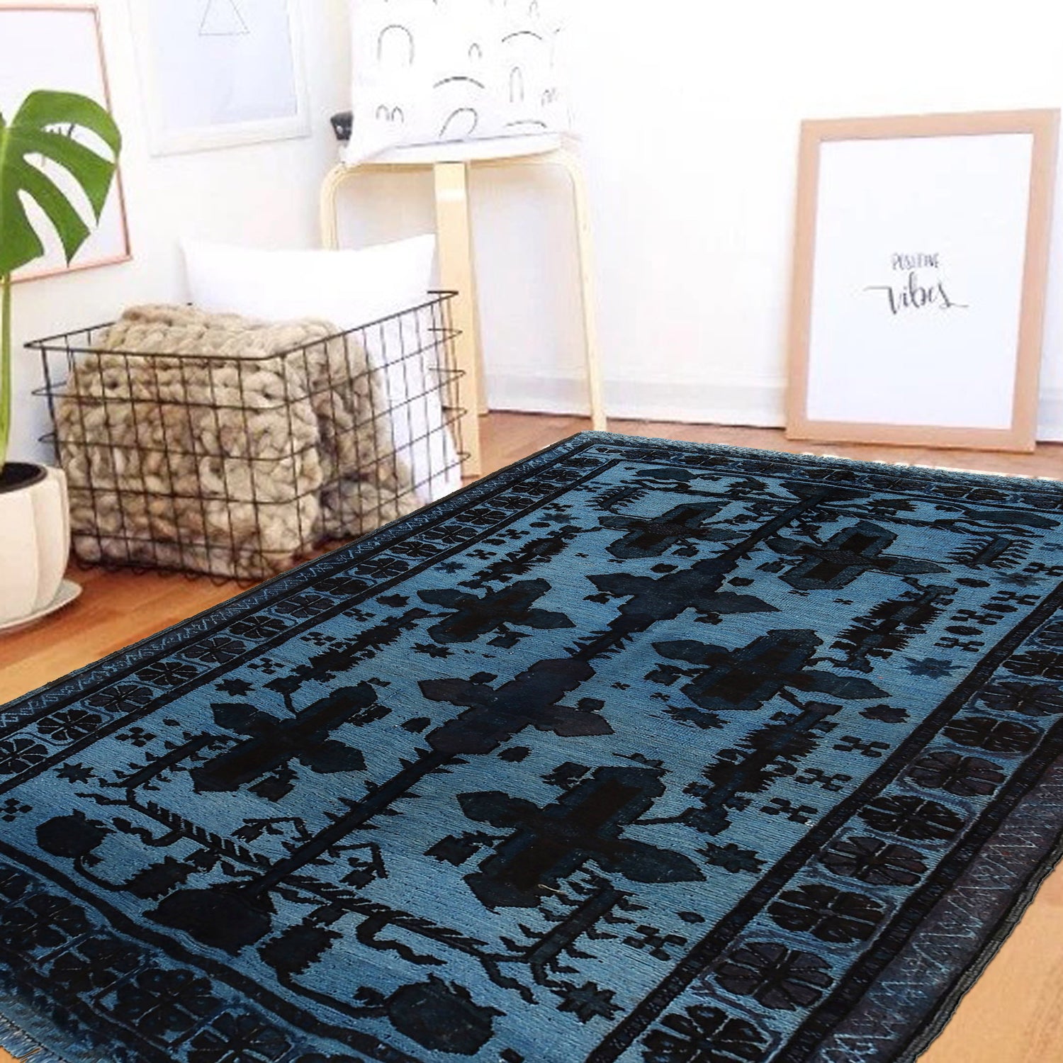 Overdyed Area Rug Handmade Blue Geometric 4x6 ft