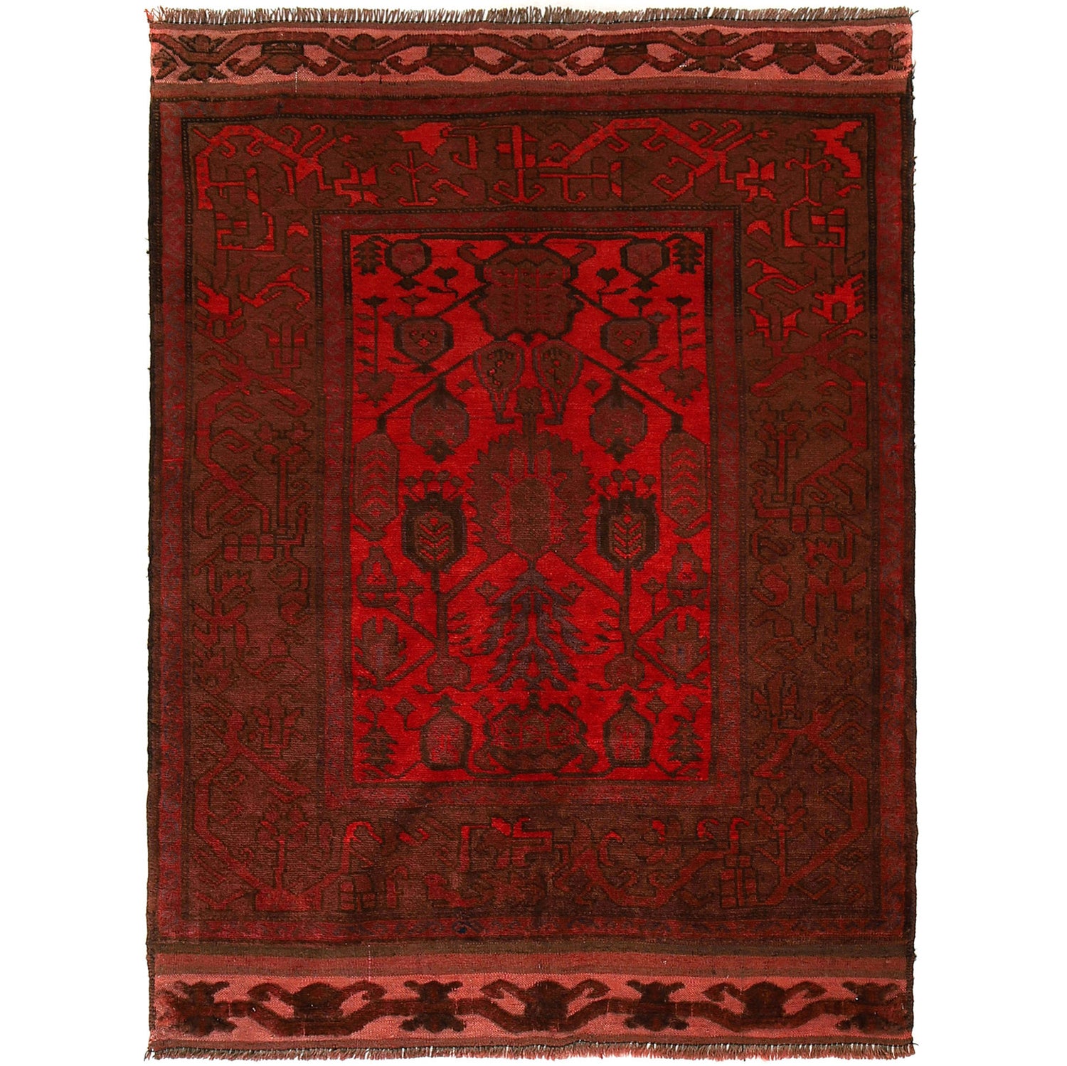 Overdyed Area Rug Handmade Red Geometric 2x4 ft
