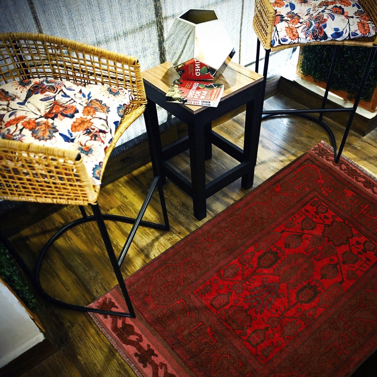 Overdyed Area Rug Handmade Red Geometric 2x4 ft