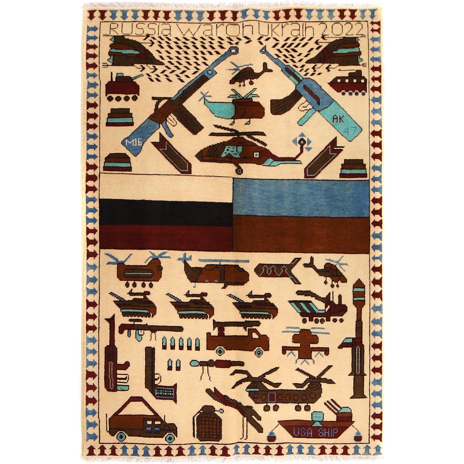 War Area Rug Handmade Beige Riffle + Helicopter 3x5 ft
