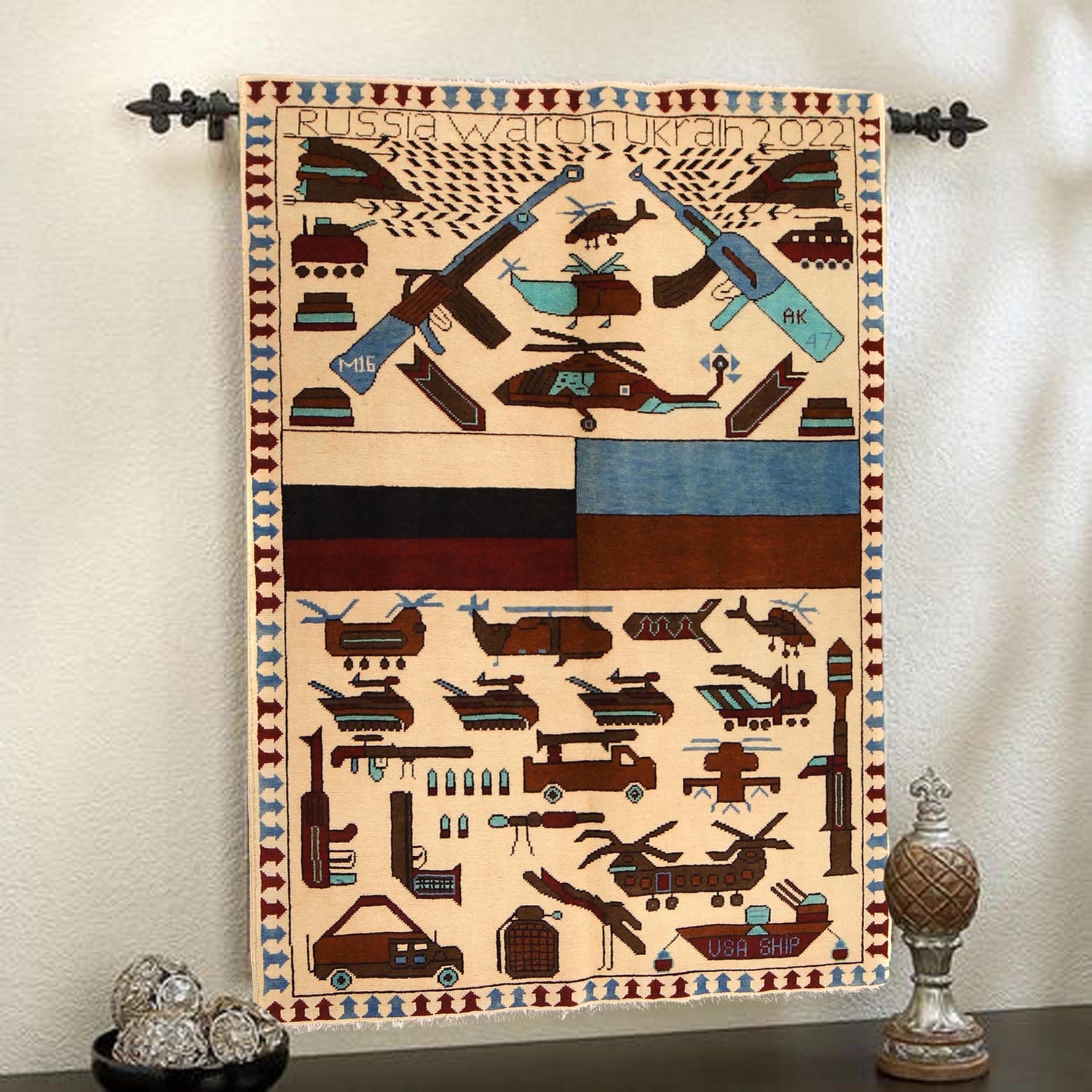 War Area Rug Handmade Beige Riffle + Helicopter 3x5 ft