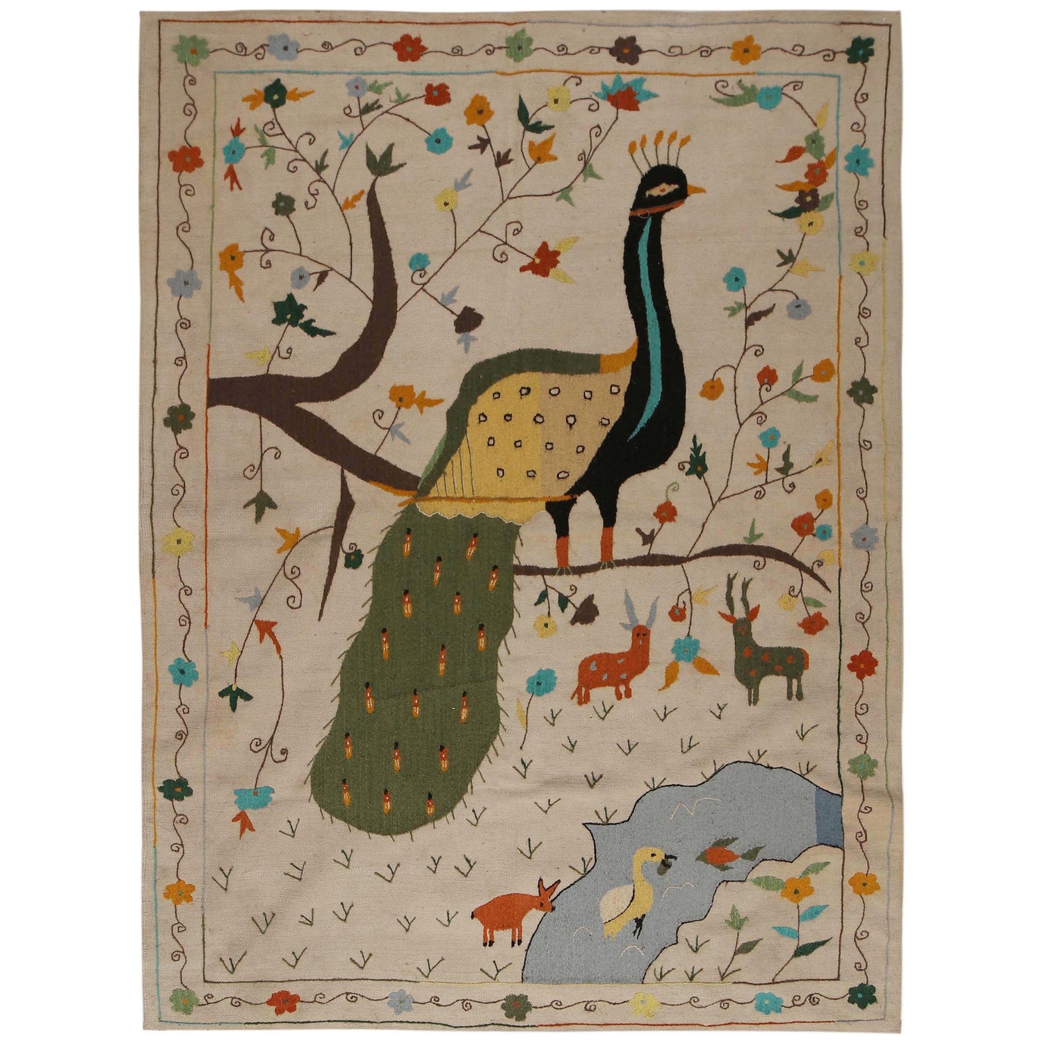 Embroidery Kilim Area Rug Handmade Beige Animal 5x8 ft