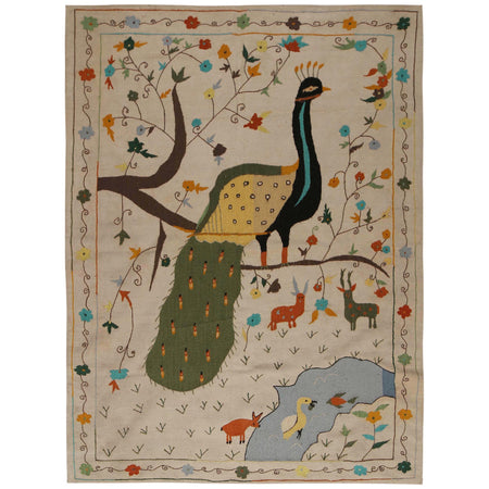 Embroidery Kilim Area Rug Handmade Beige Animal 5x8 ft