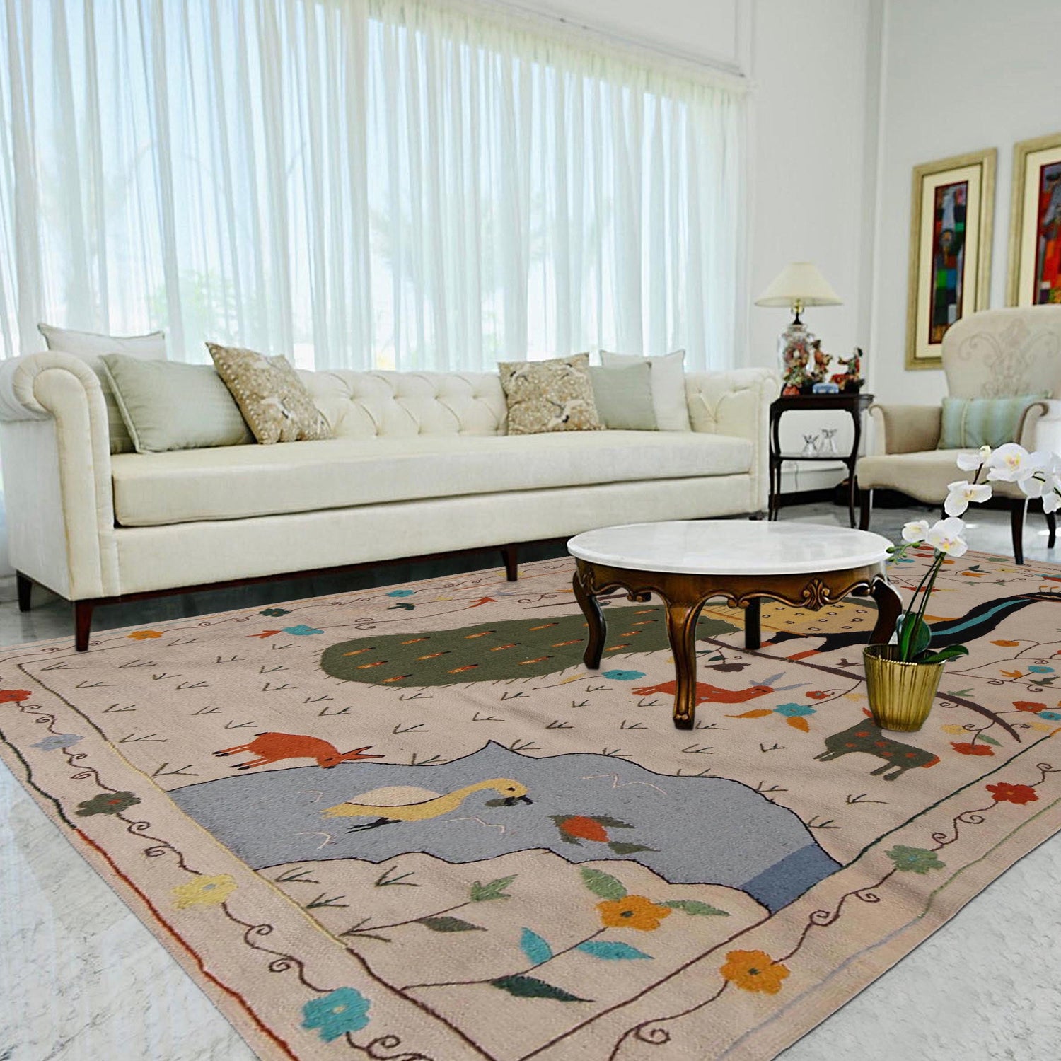 Embroidery Kilim Area Rug Handmade Beige Animal 5x8 ft