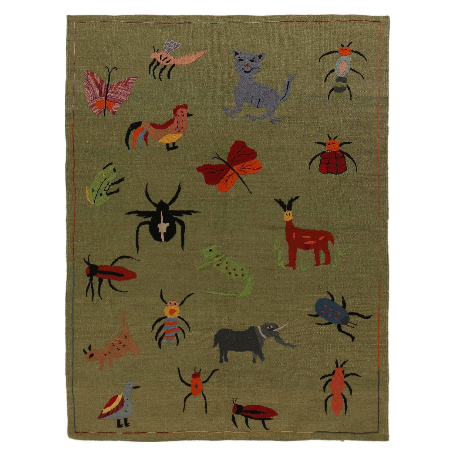 Embroidery Kilim Area Rug Handmade Green Animal 4x6 ft