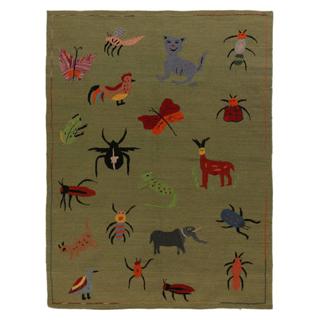 Embroidery Kilim Area Rug Handmade Green Animal 4x6 ft