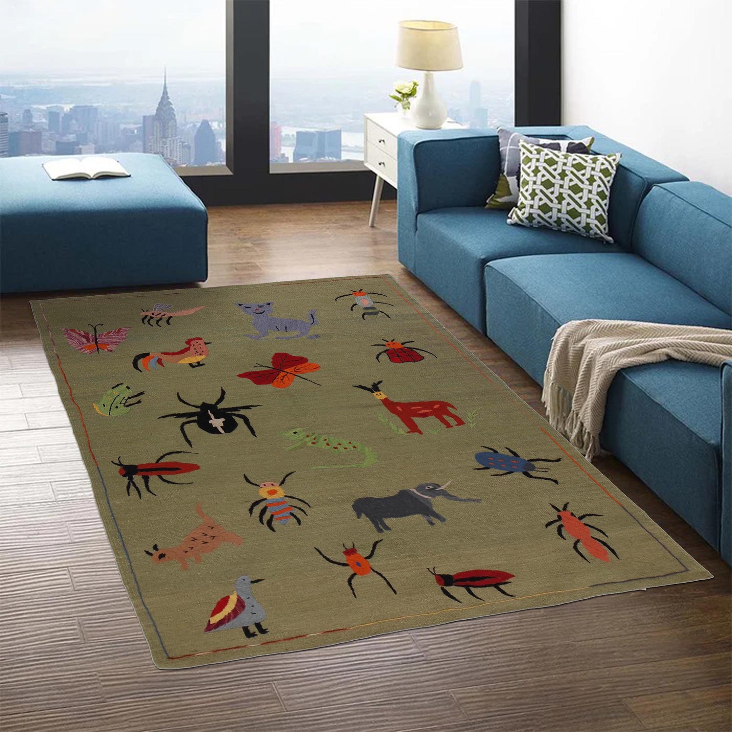 Embroidery Kilim Area Rug Handmade Green Animal 4x6 ft