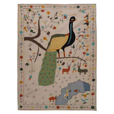 Embroidery Kilim Area Rug Handmade Beige Animal 5x8 ft