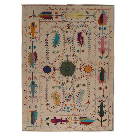 Embroidery Kilim Area Rug Handmade Beige Animal 5x8 ft