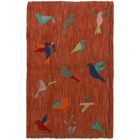 Embroidery Kilim Area Rug Handmade Red Animal 2x4 ft