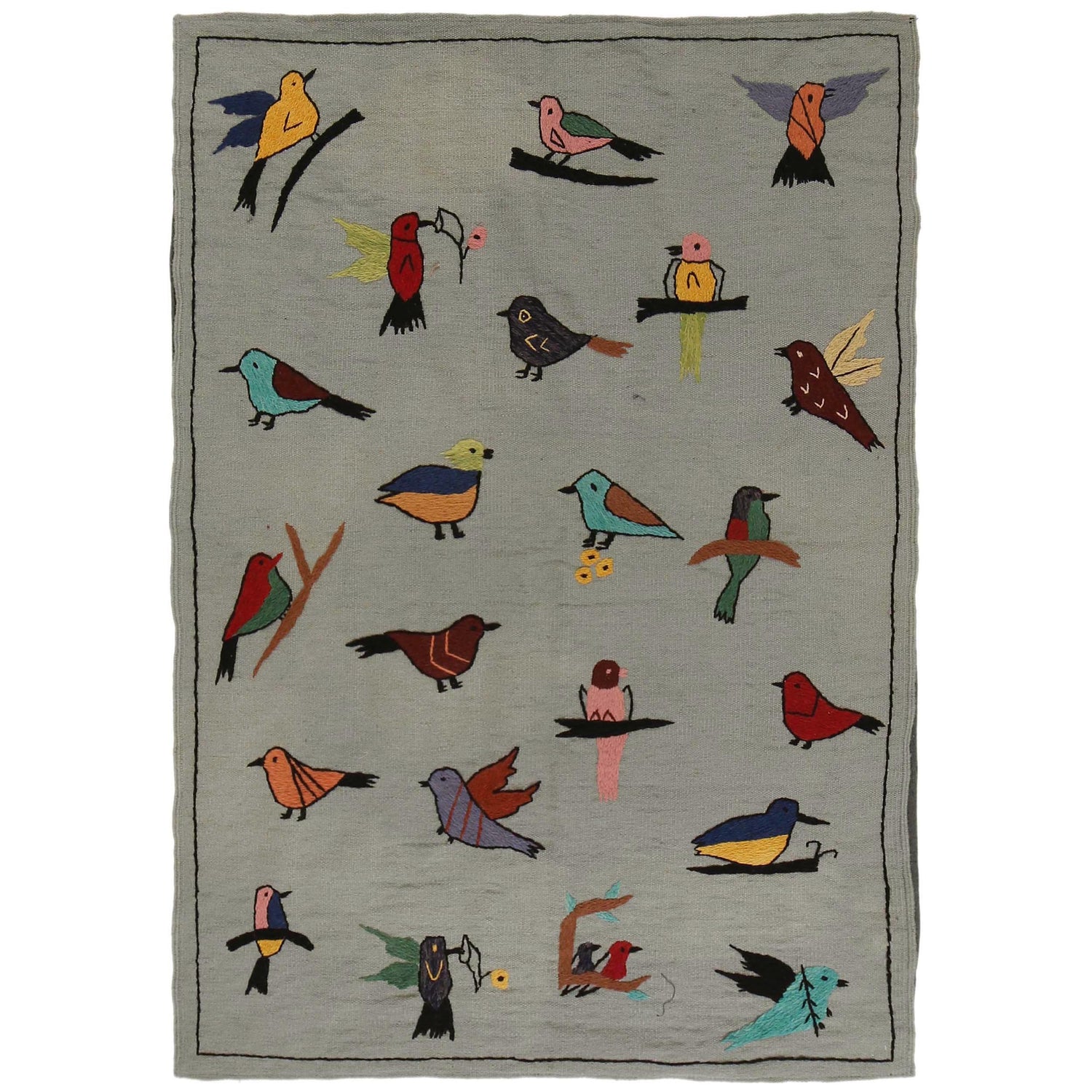 Embroidery Kilim Area Rug Handmade Gray Animal 4x6 ft