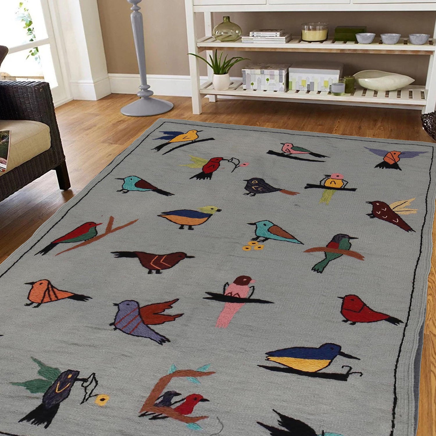 Embroidery Kilim Area Rug Handmade Gray Animal 4x6 ft