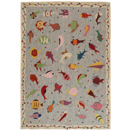 Embroidery Kilim Area Rug Handmade Multi Animal 5x8 ft