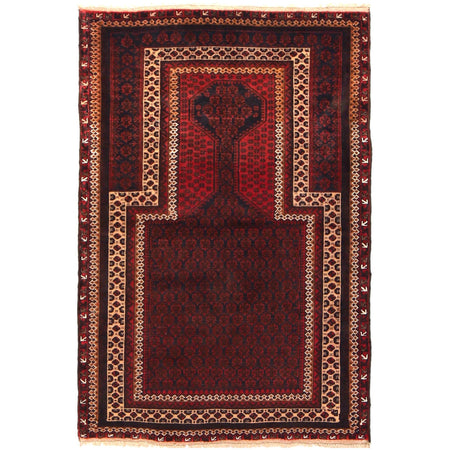 Baluchi Rug Handmade Red Prayer Design 3x5 ft