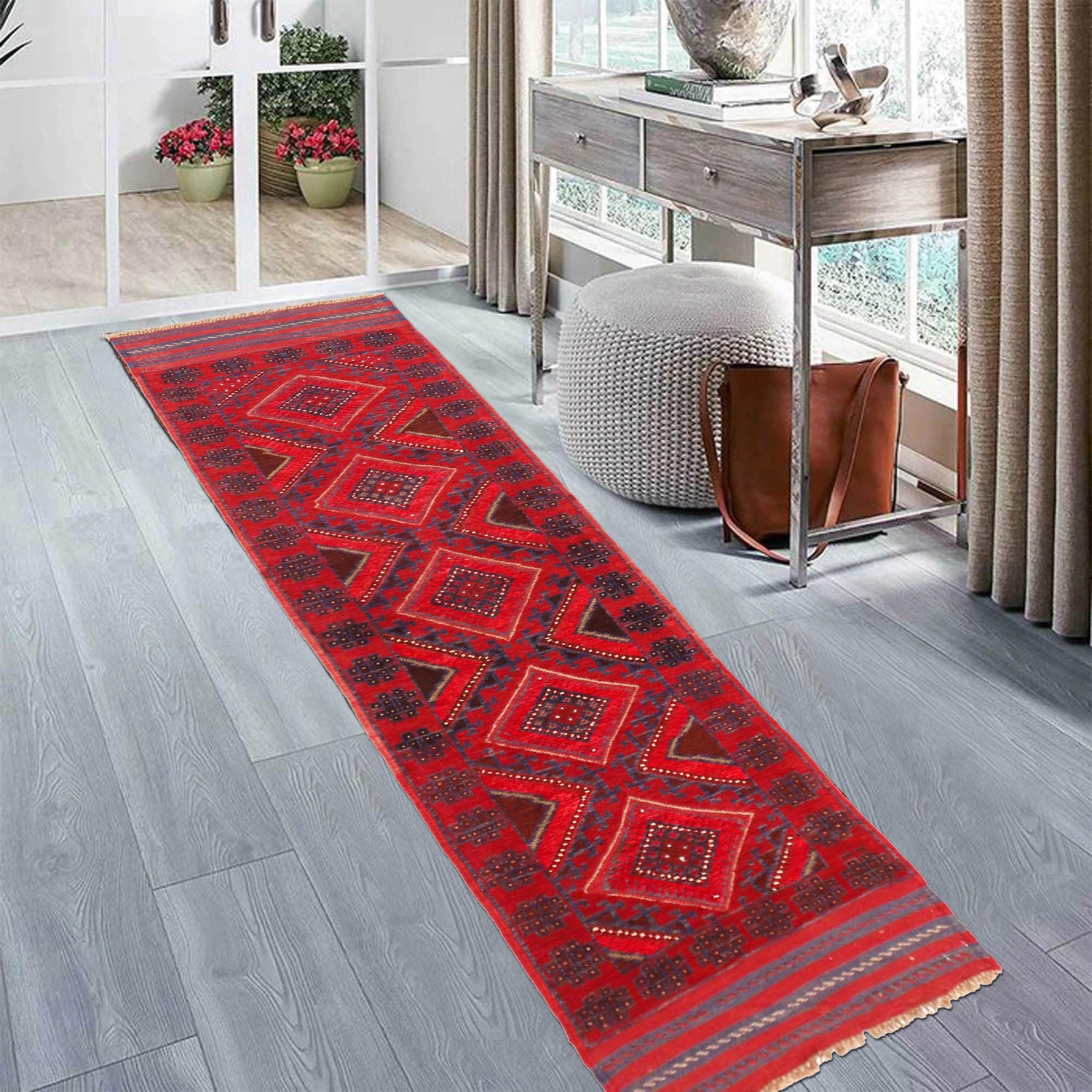 Mashwani Runner Handmade Deep Red Geometric 8' Runner