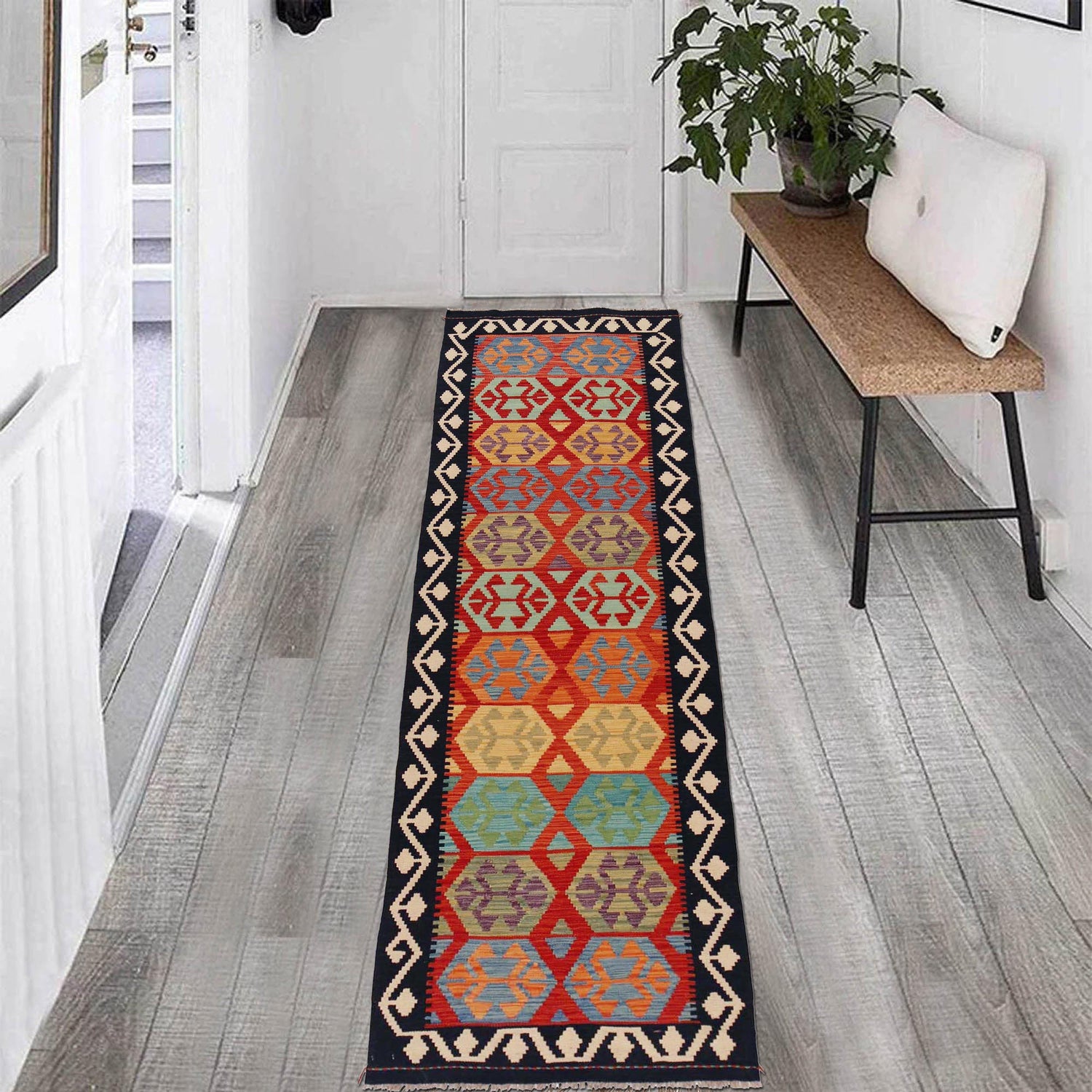 Handmade Multi Kilim Geometric 10' Runner