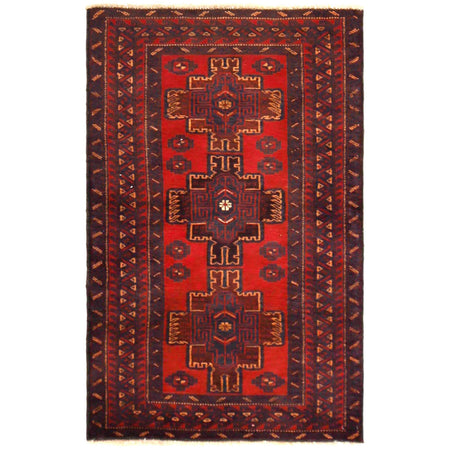 Baluchi Rug Handmade Red Geometric 3x5 ft