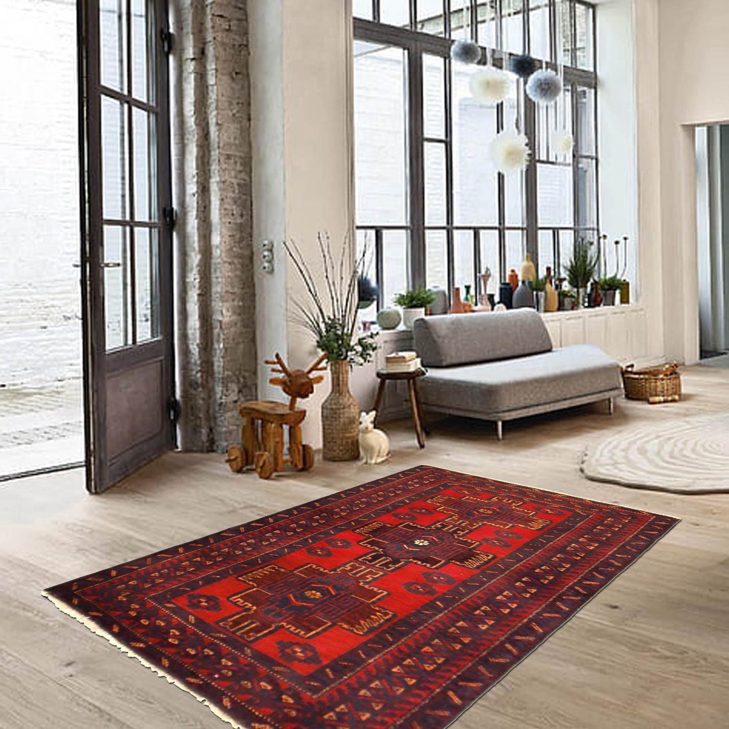 Baluchi Rug Handmade Red Geometric 3x5 ft