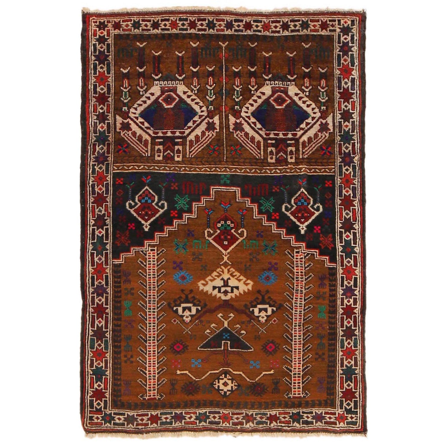Baluchi Rug Handmade Brown Prayer Design 2x4 ft