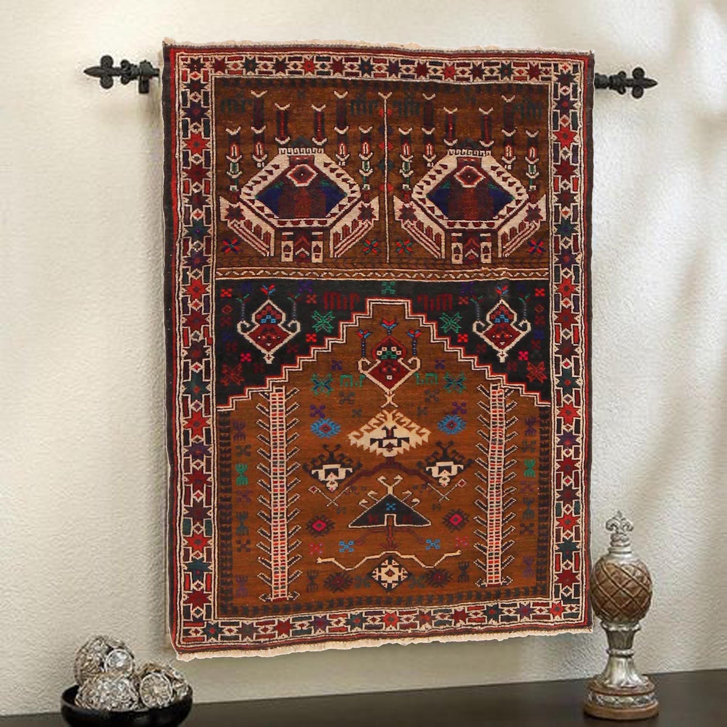 Baluchi Rug Handmade Brown Prayer Design 2x4 ft