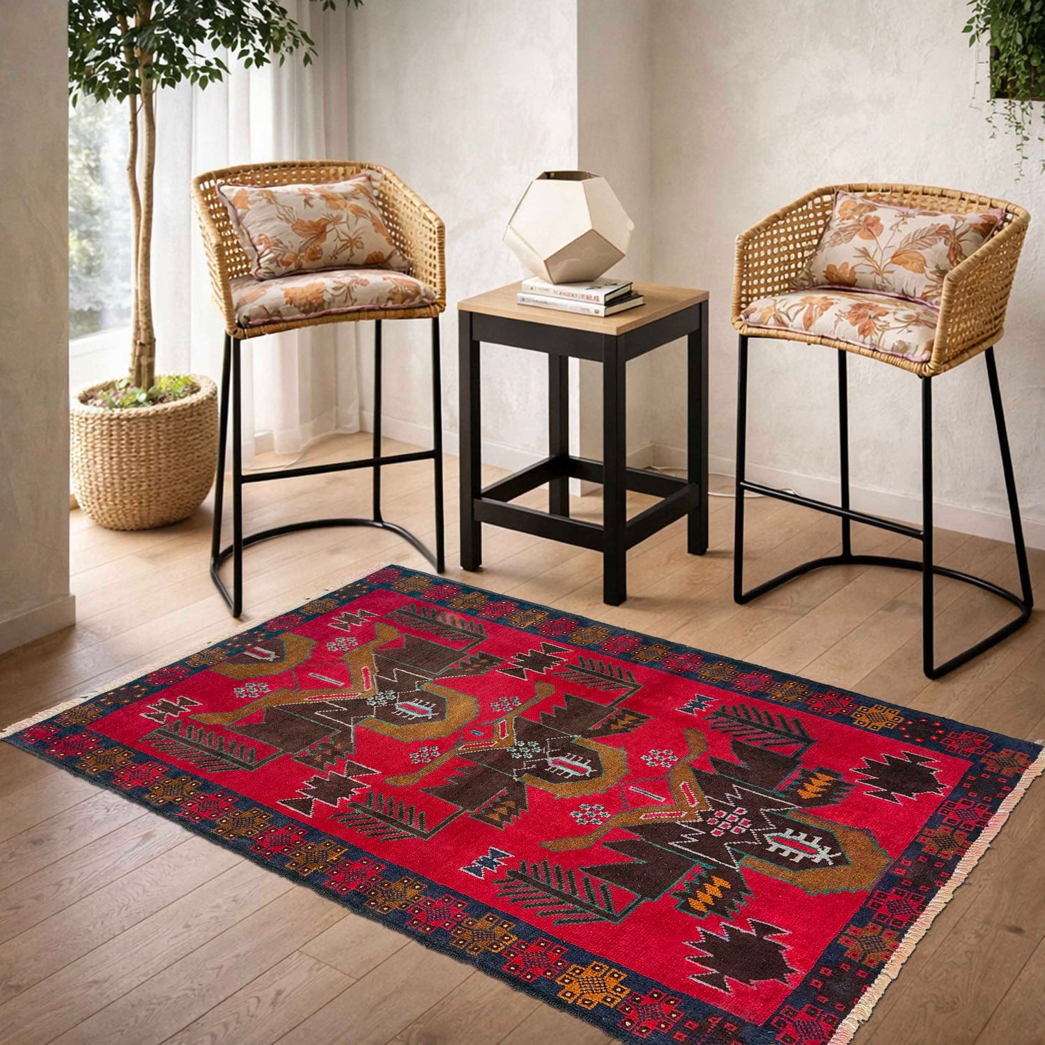 Baluchi Rug Handmade Red Geometric 3x5 ft