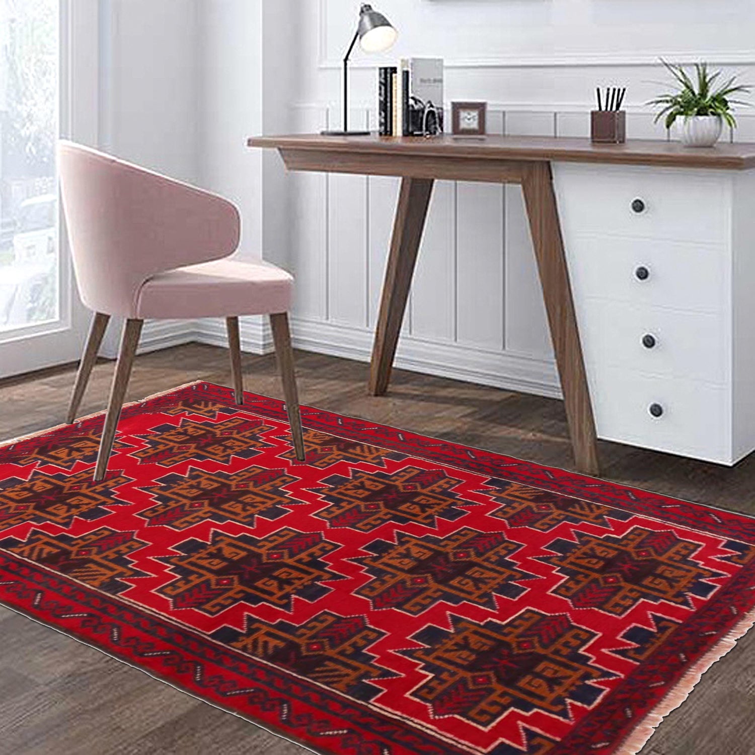 Baluchi Rug Handmade Red Geometric 2x4 ft