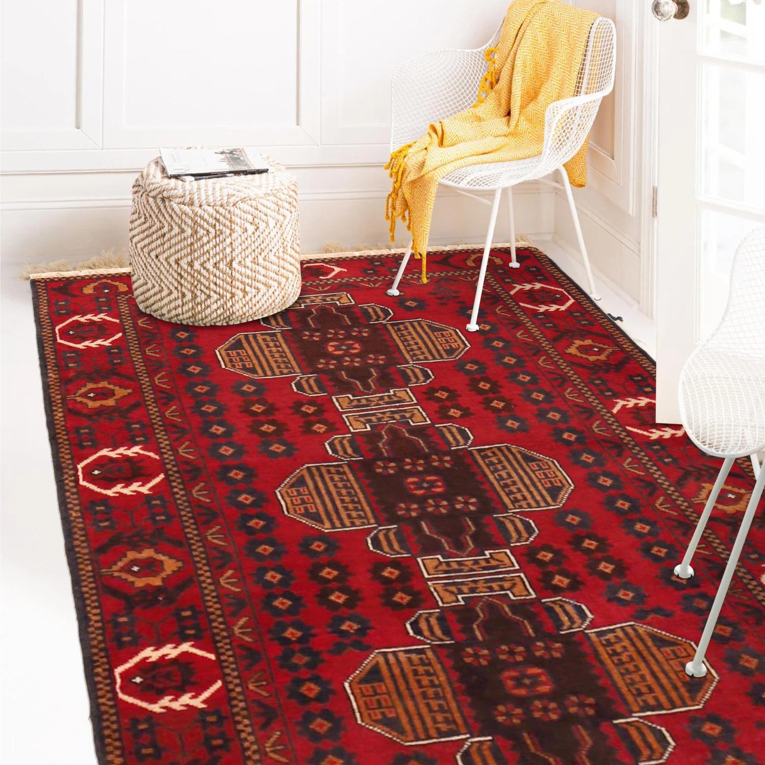 Baluchi Rug Handmade Red Geometric 3x5 ft
