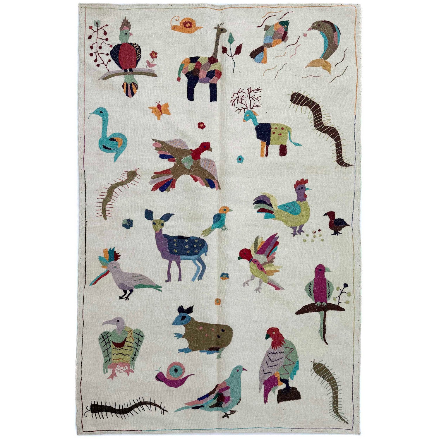 Embroidery Kilim Area Rug Handmade Beige Animal 4x6 ft