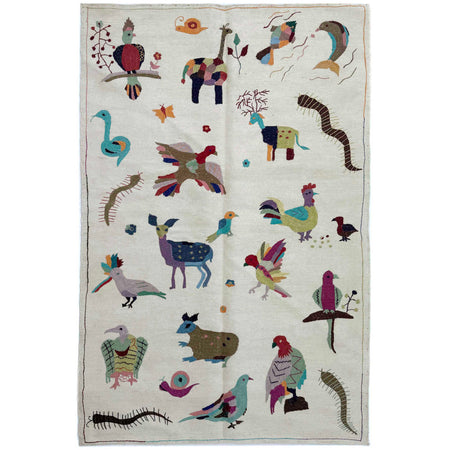 Embroidery Kilim Area Rug Handmade Beige Animal 4x6 ft