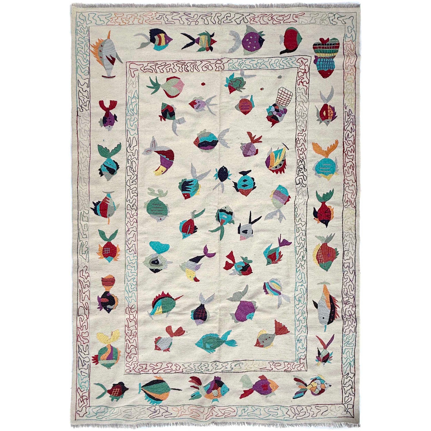 Embroidery Kilim Area Rug Handmade Beige Animal 7x10 ft
