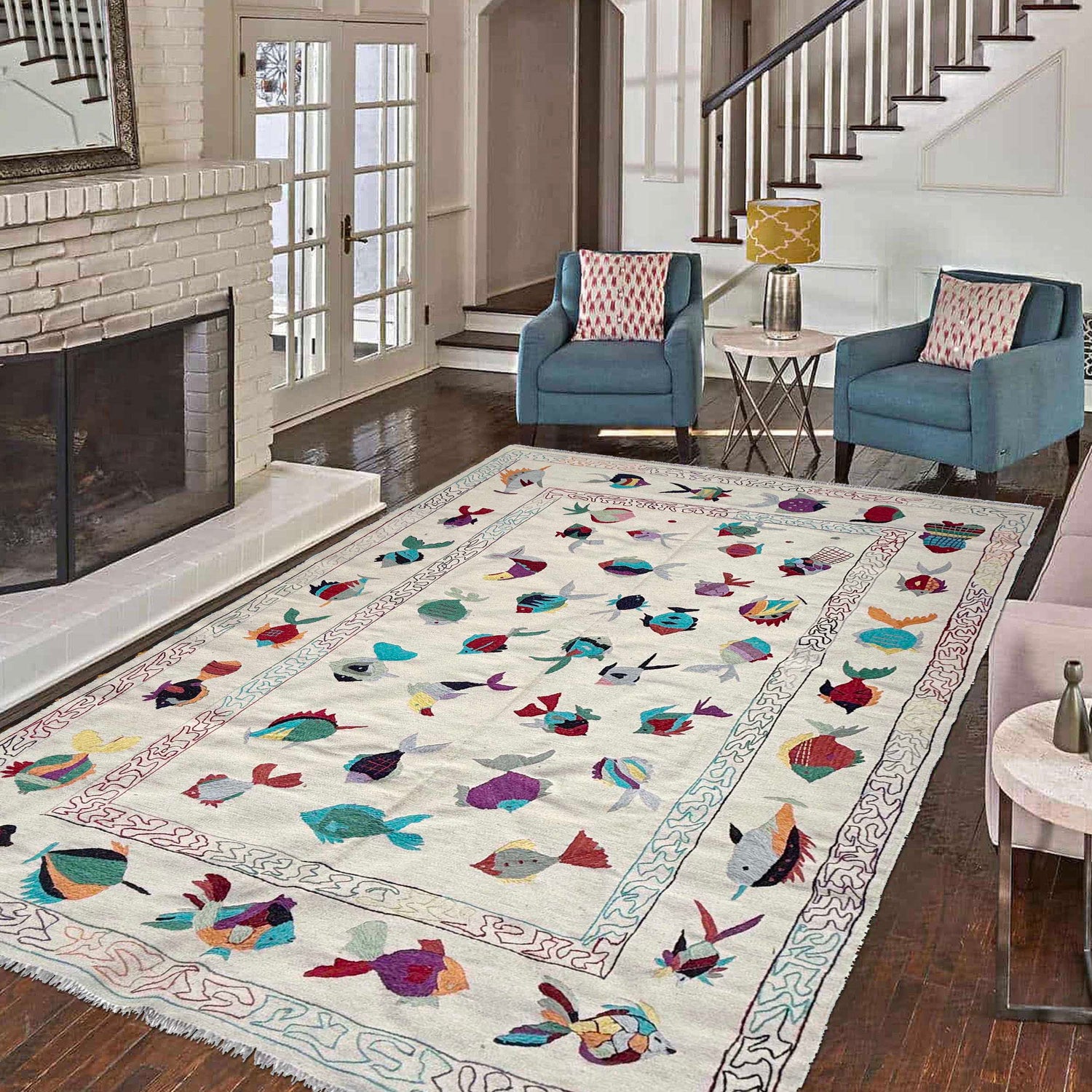 Embroidery Kilim Area Rug Handmade Beige Animal 7x10 ft