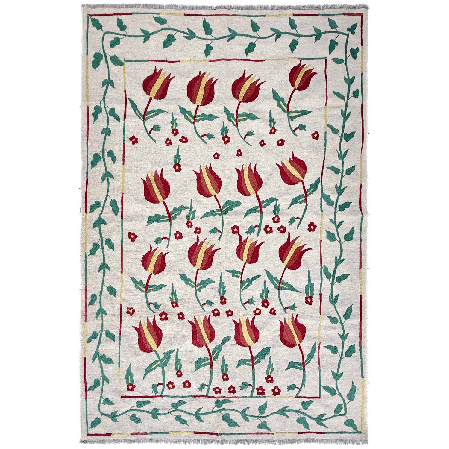 Embroidery Kilim Area Rug Handmade Beige Animal 5x8 ft