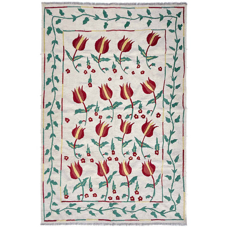 Embroidery Kilim Area Rug Handmade Beige Animal 5x8 ft