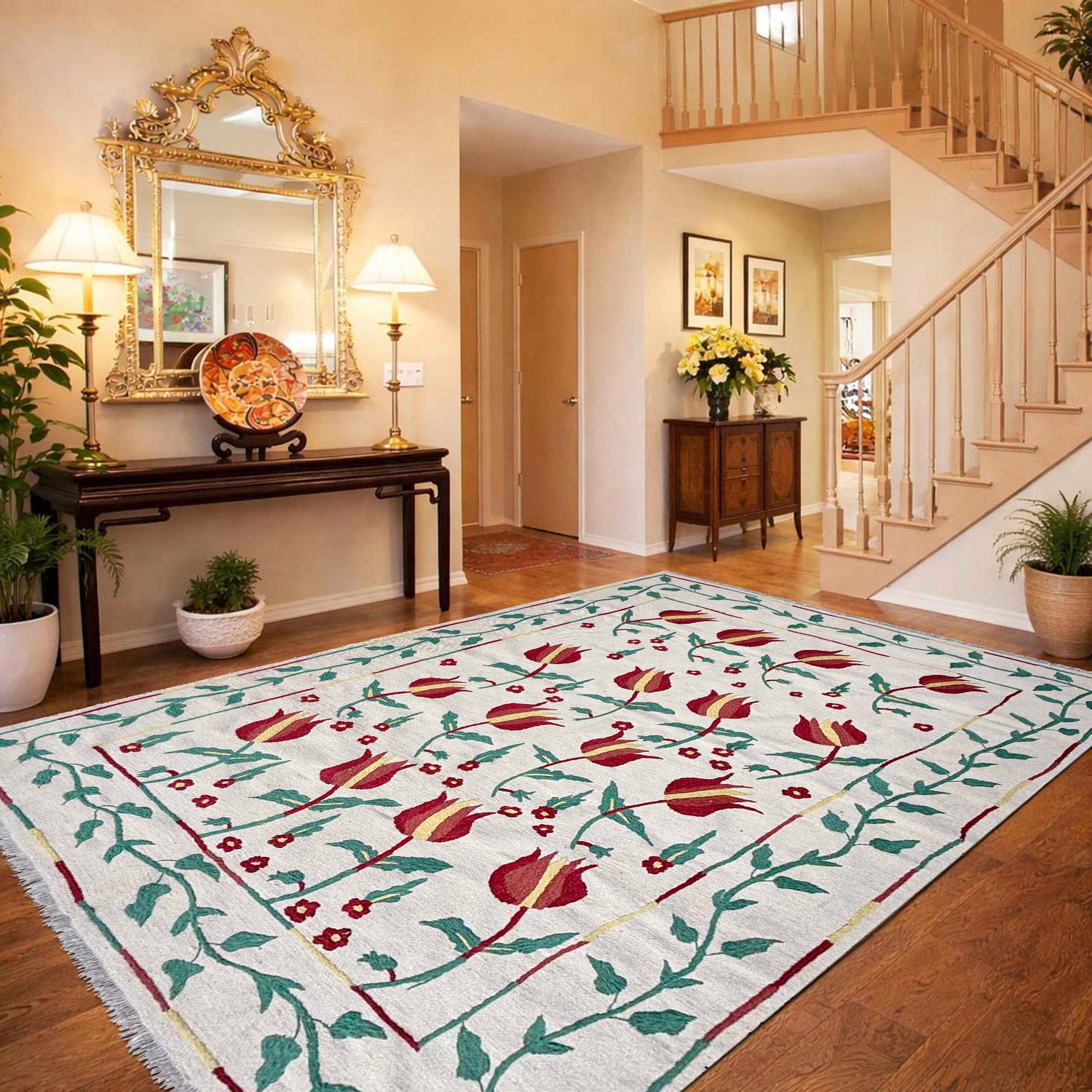 Embroidery Kilim Area Rug Handmade Beige Animal 5x8 ft
