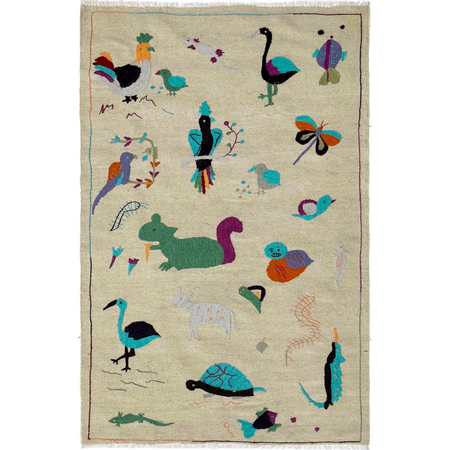Embroidery Kilim Area Rug Handmade Beige Animal 4x6 ft