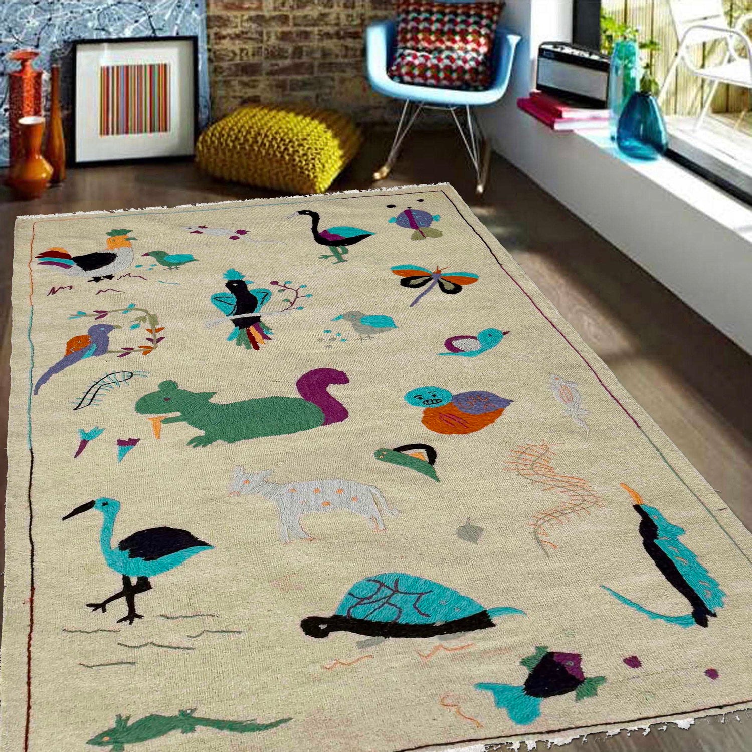 Embroidery Kilim Area Rug Handmade Beige Animal 4x6 ft