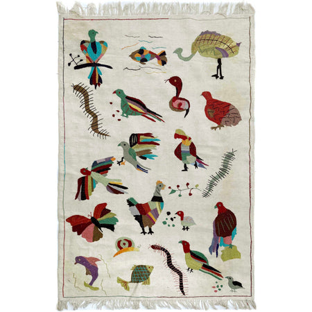 Embroidery Kilim Area Rug Handmade Beige Animal 4x6 ft