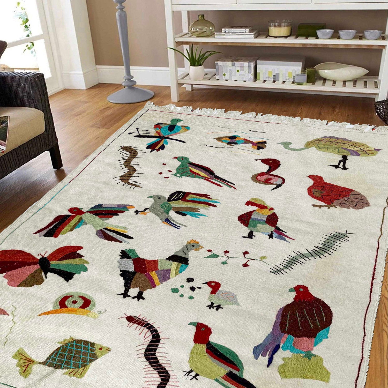 Embroidery Kilim Area Rug Handmade Beige Animal 4x6 ft