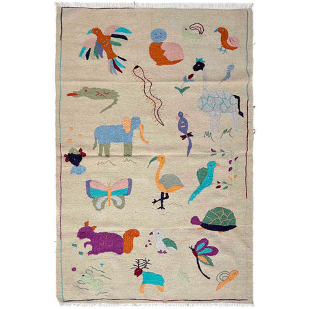 Embroidery Kilim Area Rug Handmade Beige Animal 4x6 ft