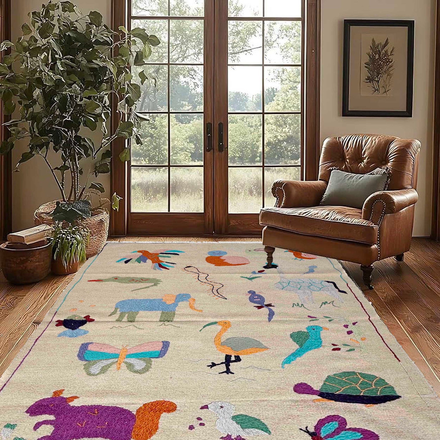Embroidery Kilim Area Rug Handmade Beige Animal 4x6 ft