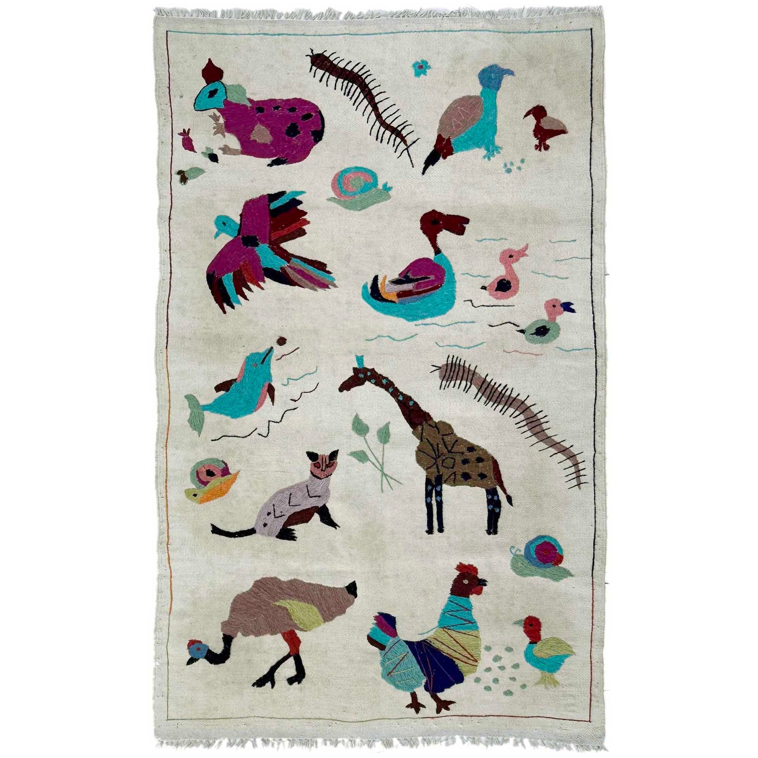 Embroidery Kilim Area Rug Handmade Beige Animal 3x5 ft