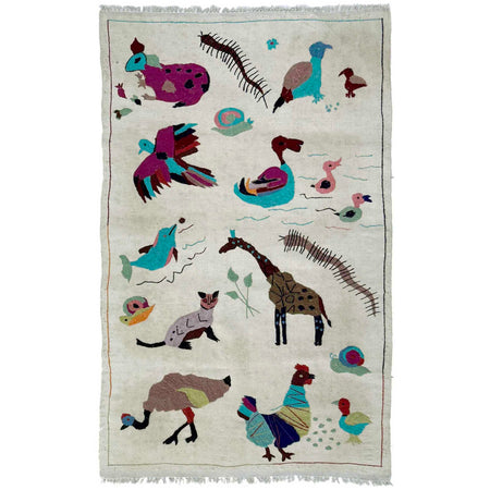 Embroidery Kilim Area Rug Handmade Beige Animal 3x5 ft