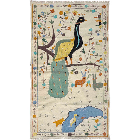 Embroidery Kilim Area Rug Handmade Beige Animal 4x6 ft