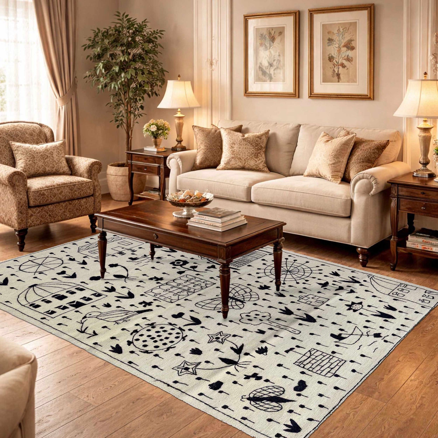 Embroidery Kilim Area Rug Handmade Beige Animal 4x6 ft