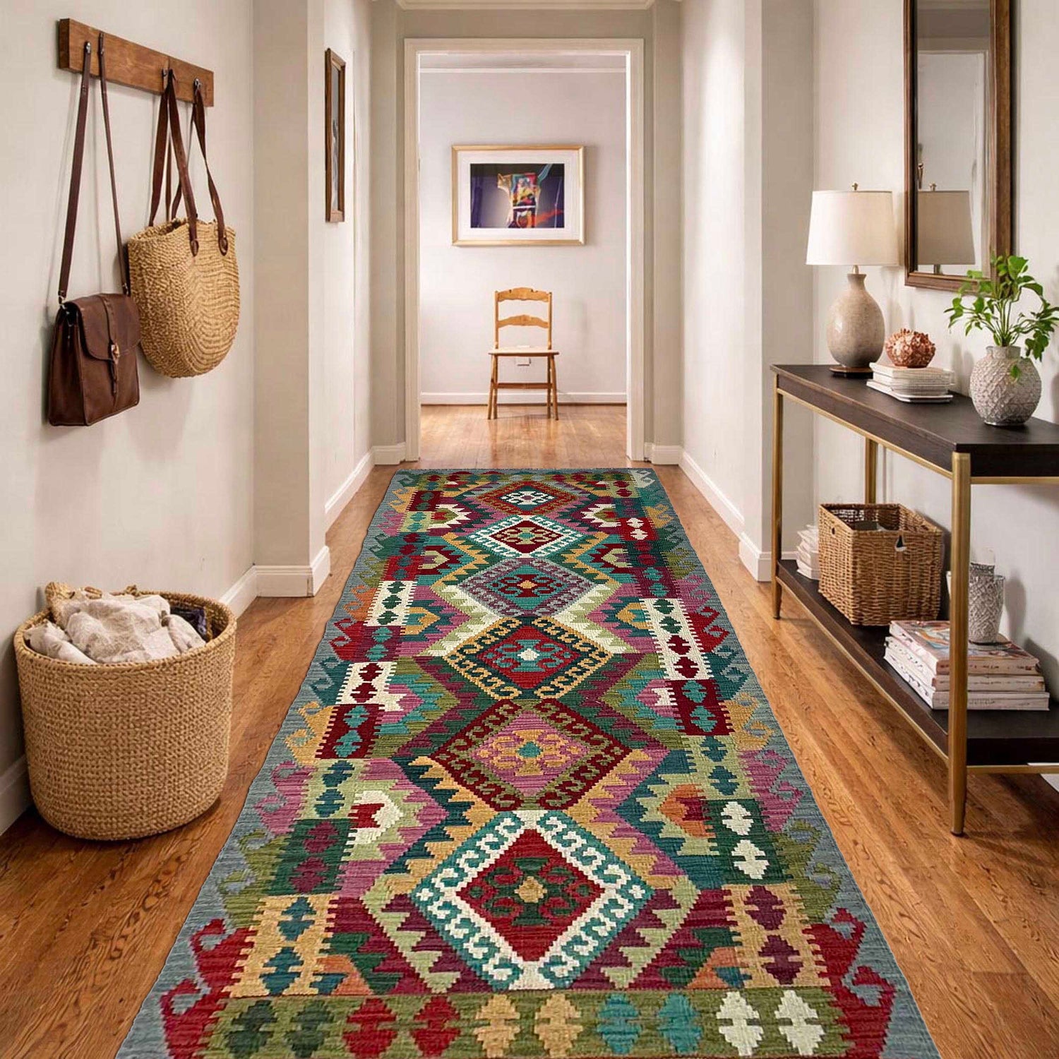 Handmade Multi Kilim Geometric 10' Runner